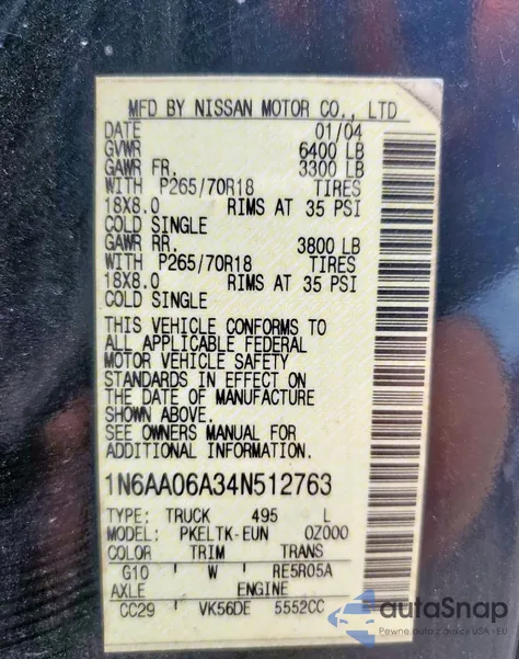 2004 Nissan Titan Xe из США, поврежденный, VIN 1N6AA06A34N512763